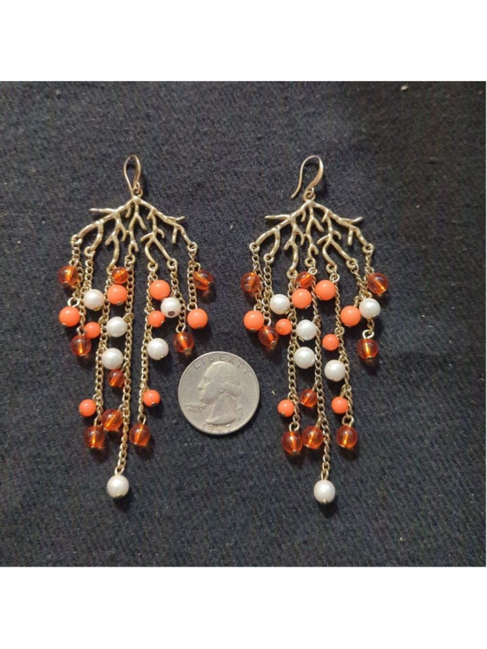 Gold Tone Branch Coral White Peach Beaded Chandelier Dangle Statement Earrings - Picture 2 of 3